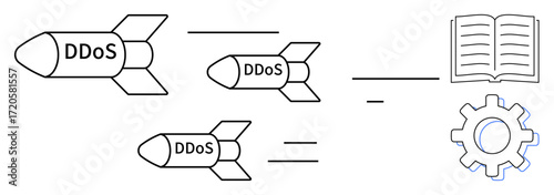 Three labeled DDoS missiles approaching an open book and a gear, symbolizing cyberattacks on education, knowledge, and technology. Ideal for cybersecurity, innovation, learning, IT systems, risk