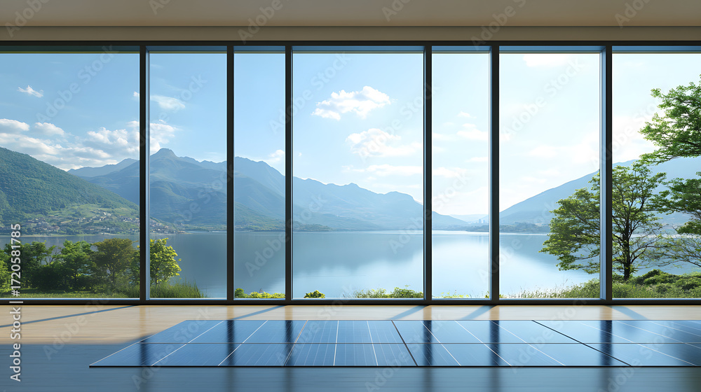 Naklejka premium Spacious room with large glass windows offers breathtaking view of serene lake and mountains, creating peaceful and modern atmosphere. floor features sleek solar panels, blending technology with