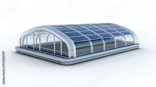 Futuristic transparent solar roof tile structure with sleek design, featuring curved glass panels and integrated solar cells, ideal for modern architecture and sustainable energy solutions