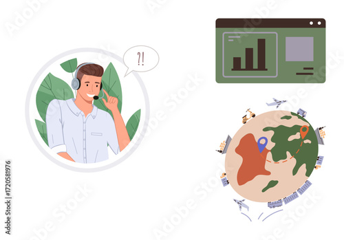 Customer care agent wearing a headset, speech bubble above. Globe with location pins, airplanes, shipping routes. Analytics panel. Ideal for logistics, tracking, teamwork global connections