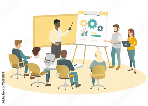 Diverse team in a modern office attending a business presentation and training session with a whiteboard and charts