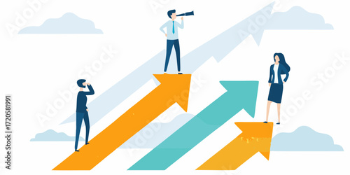 Business people standing on upward pointing arrows looking towards the future and success