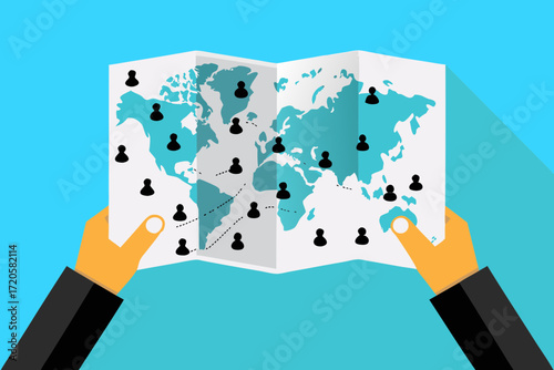 Hands holding a world map with people icons representing global connections and network