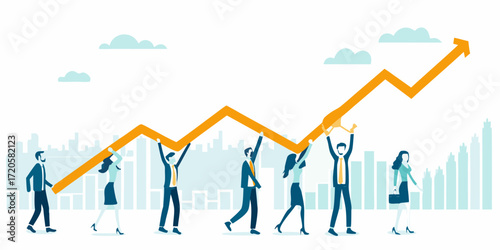 Diverse team of business professionals collaboratively lifting an orange upward trending graph against a city skyline