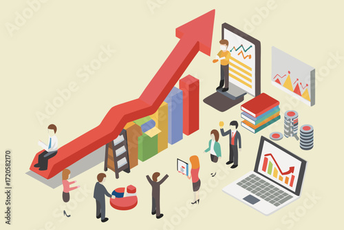 Isometric business team analyzing financial growth charts and data with upward trending arrow and laptop