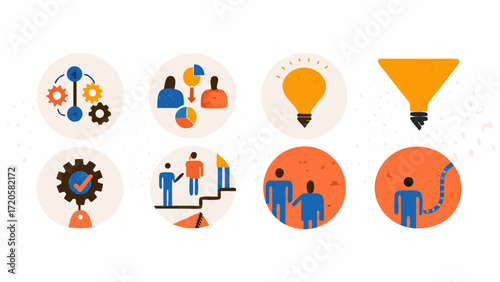 Collection of stylized icons representing business concepts like teamwork idea generation and process management