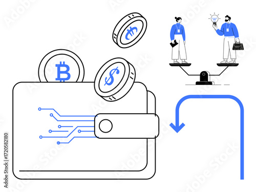 Open wallet with Bitcoin, dollar coins, circuit graphics, two professionals on balance scale, arrow. Ideal for cryptocurrency, finance, balance, teamwork technology innovation simple flat metaphor