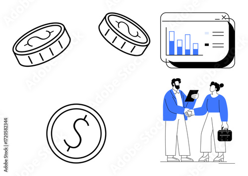 Coins, handshake between professionals, and data chart representing trade, profit, partnership, financial planning, growth, investment and teamwork. Ideal for economy strategy and simple flat