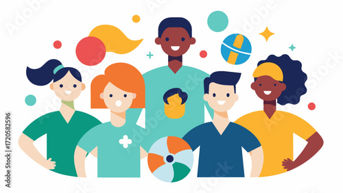 A group of diverse people engaging in a team sport representing the social aspect of holistic wellness and the positive effects of social connections on mental health.. Vector illustration