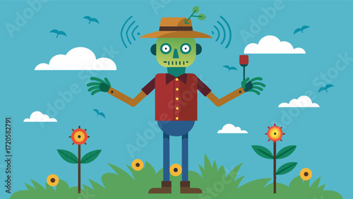 A smart scarecrow equipped with IoTbased sensors detects the presence of pests and emits a highpitched sound to scare them away.. Vector illustration