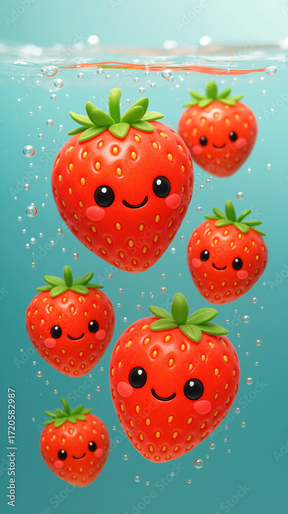Fototapeta premium Cute kawaii strawberries with happy faces floating underwater with bubbles playful cartoon fruit character illustration