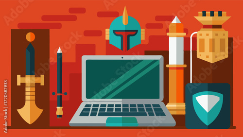 A laptop nestled a ancient weaponry and armor showcasing modern technology within a historic armory.. Vector illustration