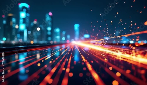 High-speed flowing light trails in a futuristic city at night