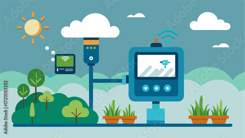 A smart fertilizer dispenser equipped with a weather monitoring system adjusting its application rate based on environmental conditions for optimal results.. Vector illustration