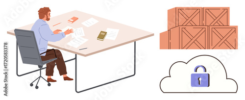 Man reviewing papers at desk alongside wooden crates and cloud with locked padlock. Ideal for inventory management, data security, remote work, logistics, organization, business planning, simple flat