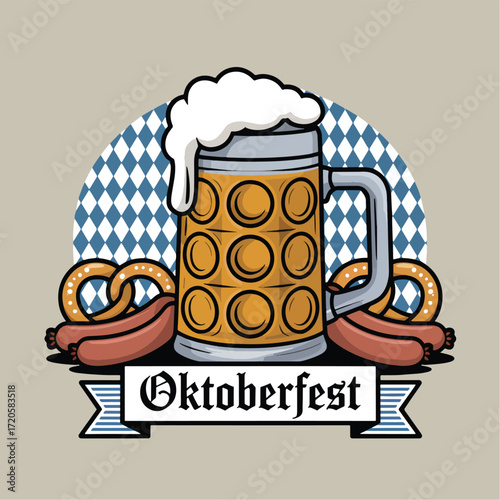 Oktoberfest beer mug pretzels and sausages with bavarian pattern