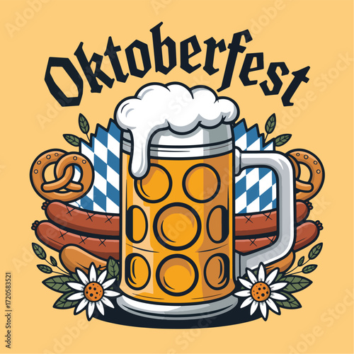 Oktoberfest beer mug pretzels sausages Bavarian flag daisies