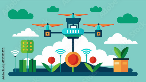A smart farming sensor network coordinating with drones and irrigation systems to deliver nutrients at optimal times and locations to maximize crop yields.. Vector illustration