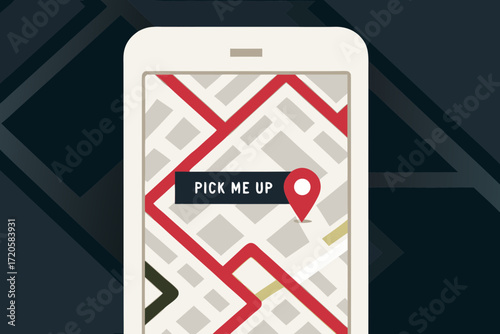 Smartphone displaying a map with a pick me up location pin and text message