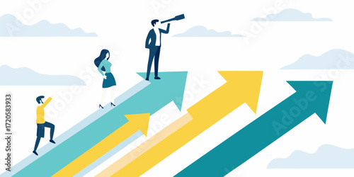 Business people climbing upward arrows towards the future with a telescope symbolizing vision and success