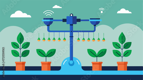 A precision irrigation system using AI algorithms to deliver water directly to the root systems of plants minimizing water loss and increasing efficiency.. Vector illustration