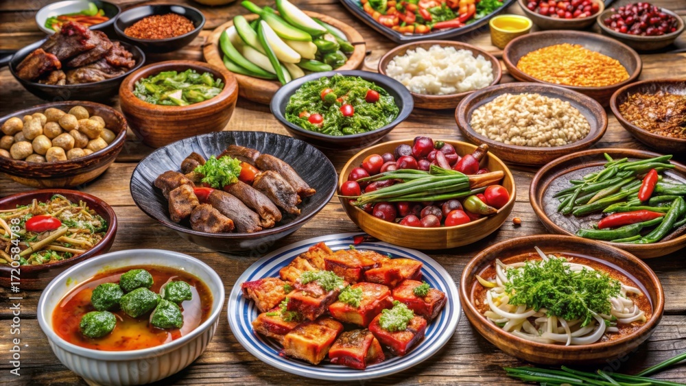 Fototapeta premium Colorful Assortment of Delicious Dishes in Bowls on Wooden Table