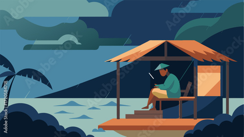 As the rain pours down and the winds grow stronger the freelancer takes shelter in a beachfront hut listening to the sounds of the storm and reflecting on the simplicity of life in. Vector