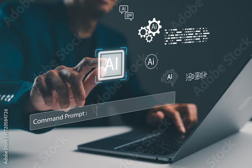 A person interacts with a virtual interface displaying AI-related graphics while using a laptop, illustrating modern technology and innovation.