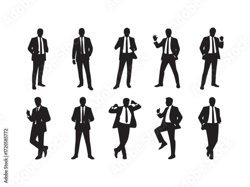 Collection of businessmen silhouettes in various poses vector isolated on white background