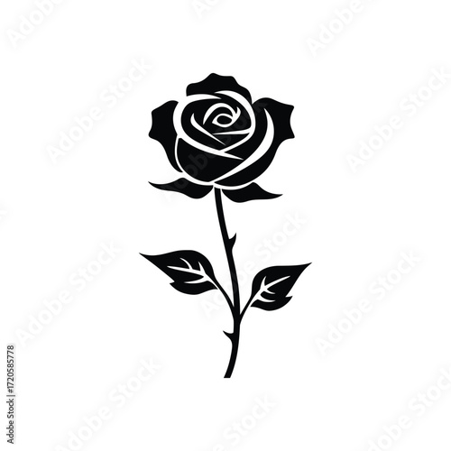 Simple black rose with leaves and thorns isolated on a white background