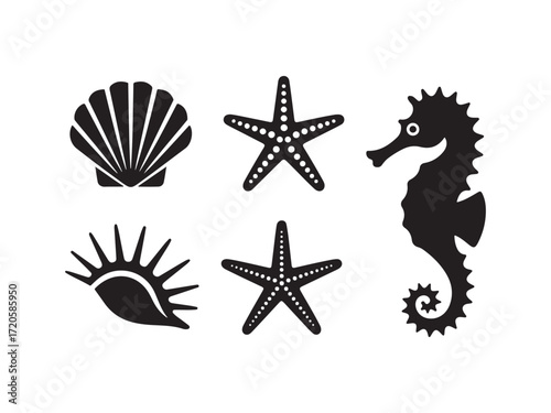 Collection of marine life silhouettes vector isolated on white background.