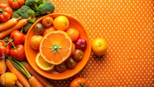 Fresh Fruits and Vegetables in Vibrant Orange Bowl and Tablecloth