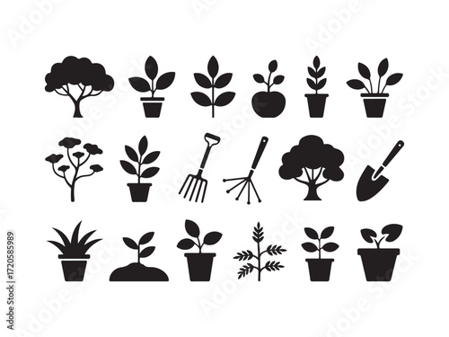 Collection of plant and garden tool silhouettes vector isolated on white background