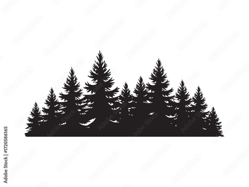 Obraz premium Silhouette of a dense forest of pine trees vector isolated on white background