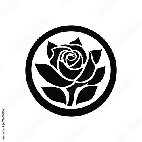 Black rose enclosed within circular border creates striking floral emblem on white background