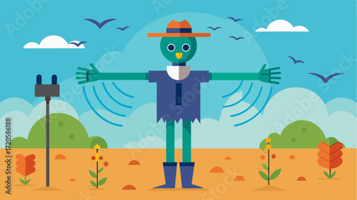 A smart scarecrow that uses motion sensors and loud noises to scare away birds and other animals from crops.. Vector illustration