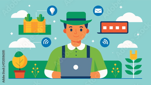 A virtual assistant for farmers using AI technology to make personalized recommendations for crop rotation purchasing decisions and overall farm management.. Vector illustration