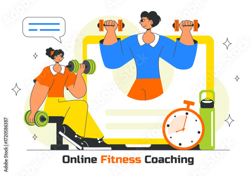 Online Fitness Coaching Illustration Featuring Personal Trainer for Web Training with Virtual Instructor, Workout Plans, Nutrition, and Weight Loss