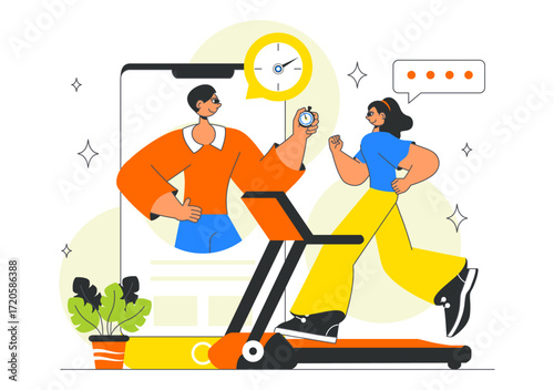 Online Fitness Coaching Illustration Featuring Personal Trainer for Web Training with Virtual Instructor, Workout Plans, Nutrition, and Weight Loss