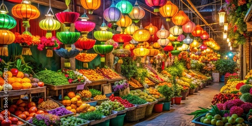 Vibrant Market Stalls with Colorful Lanterns and Fresh Produce