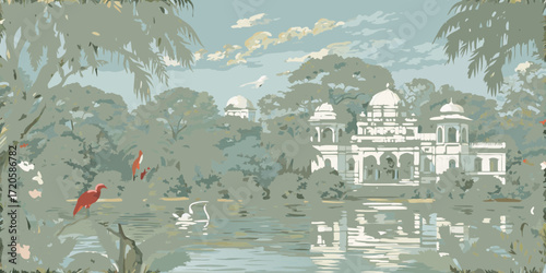 Serene indian palace architecture surrounded by lush greenery and wildlife by a tranquil lake