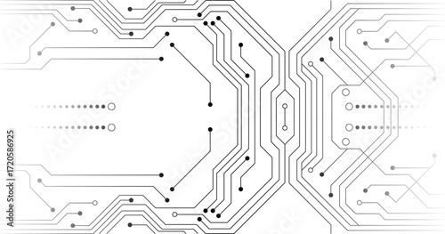 Abstract black and white circuit board pattern with electronic pathways and connection points, representing technology and digital design.