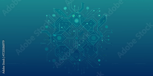 Abstract digital circuit board pattern with glowing blue and green lines on a dark blue background
