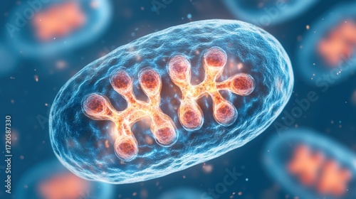 Microscopic dreamlike view inside a cell, with mitochondria as tiny glowing power plants recharging at night.
