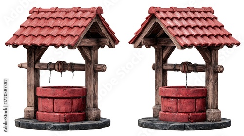 Two Red Brick Water Wells with Wooden Structure on a Background