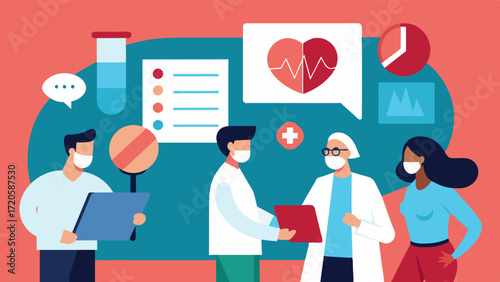 A group of researchers analyzing the data and results from a largescale study on the prevalence and risk factors for vascular dementia.. Vector illustration