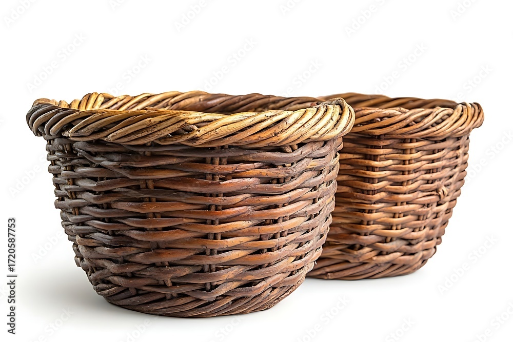 Obraz premium Two Round Wicker Baskets Containers Brown Isolated on White Background Rustic Style