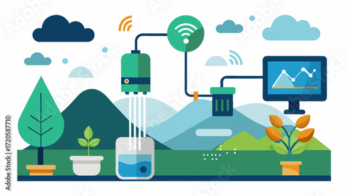 A realtime monitoring system that uses AI technology to detect leaks and malfunctions in irrigation systems preventing water waste and costly damages.. Vector illustration