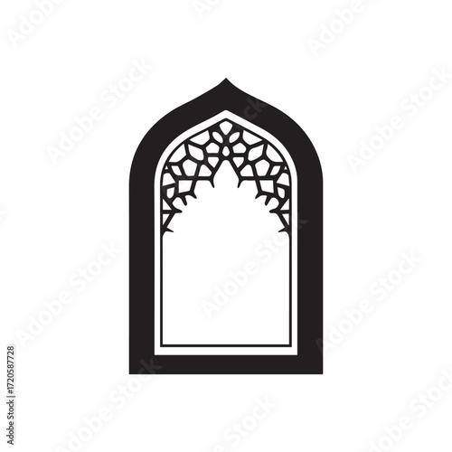 Black islamic archway showcases intricate geometric patterns against a stark white background