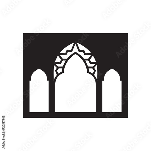 Ornate islamic architecture showcases a detailed central arch with symmetrical side arches on white background
